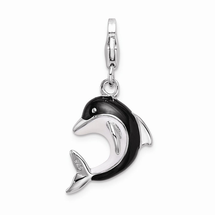 Million Charms 925 Sterling Silver Rhodium-Plated Enameled 3-D Dolphin With Lobster Clasp Charm