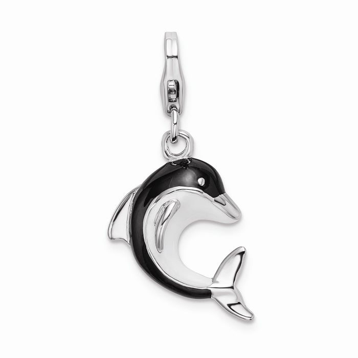 Million Charms 925 Sterling Silver Rhodium-Plated Enameled 3-D Dolphin With Lobster Clasp Charm