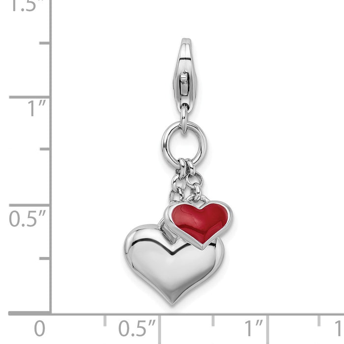 Million Charms 925 Sterling Silver Rhodium-plated Plated Enameled Double Heart With Lobster Clasp Charm