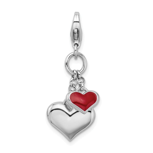 Million Charms 925 Sterling Silver Rhodium-plated Plated Enameled Double Heart With Lobster Clasp Charm