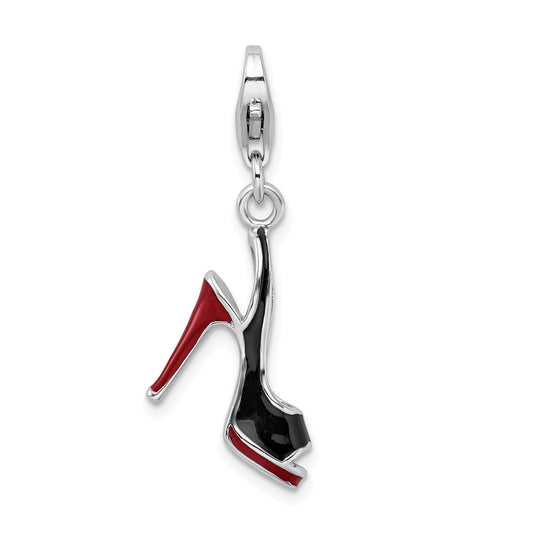 Million Charms 925 Sterling Silver Rhodium-Plated 3-D Enameled High Heel Shoe With Lobster Clasp