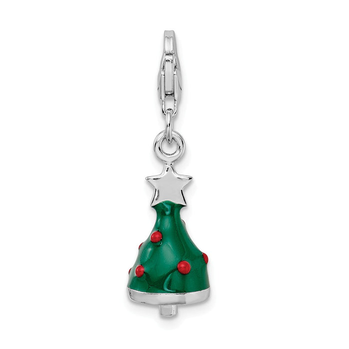 Million Charms 925 Sterling Silver Rhodium-Plated 3-D Enameled Christmas Tree With Lobster Clasp