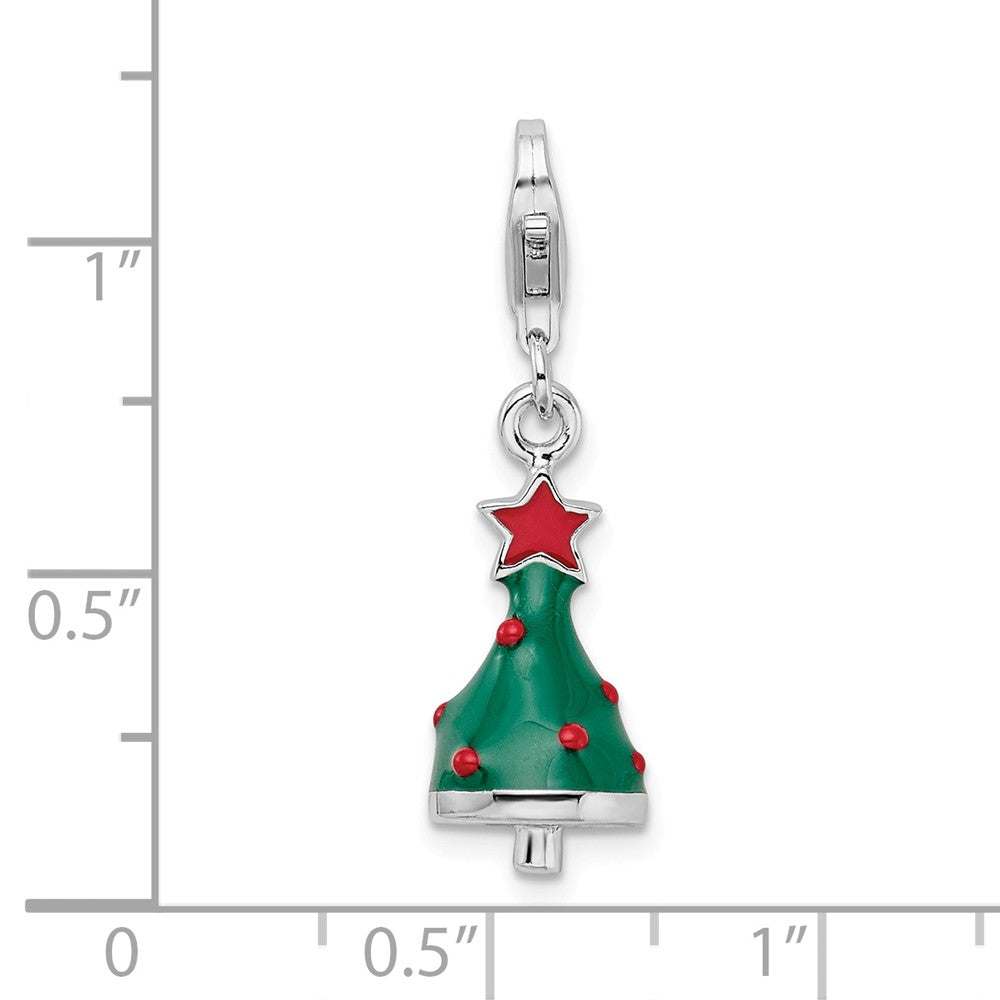 Million Charms 925 Sterling Silver Rhodium-Plated 3-D Enameled Christmas Tree With Lobster Clasp