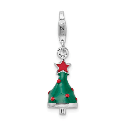 Million Charms 925 Sterling Silver Rhodium-Plated 3-D Enameled Christmas Tree With Lobster Clasp