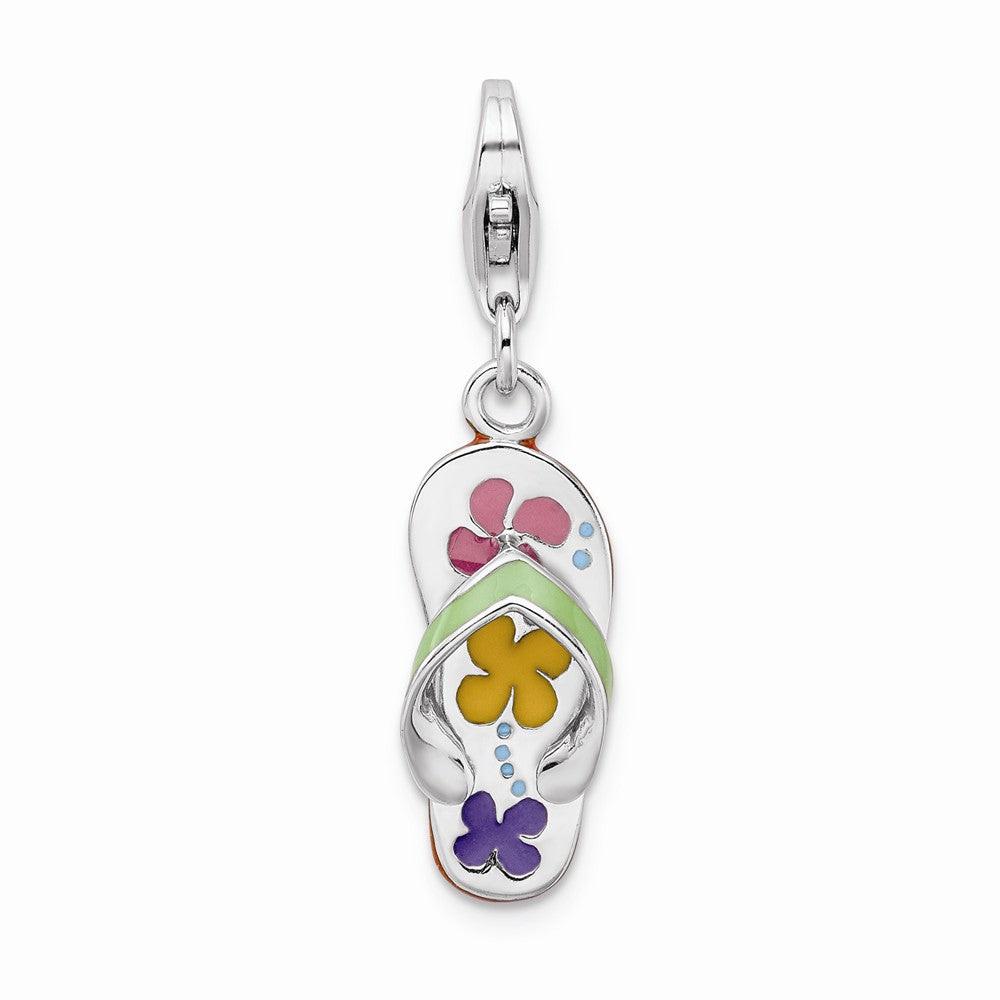 Million Charms 925 Sterling Silver Rhodium-Plated 3-D Enameled Flip-Flop With Lobster Clasp Charm