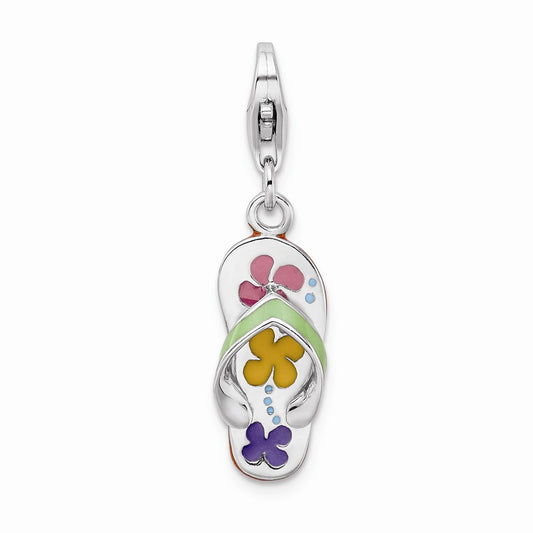Million Charms 925 Sterling Silver Rhodium-Plated 3-D Enameled Flip-Flop With Lobster Clasp Charm