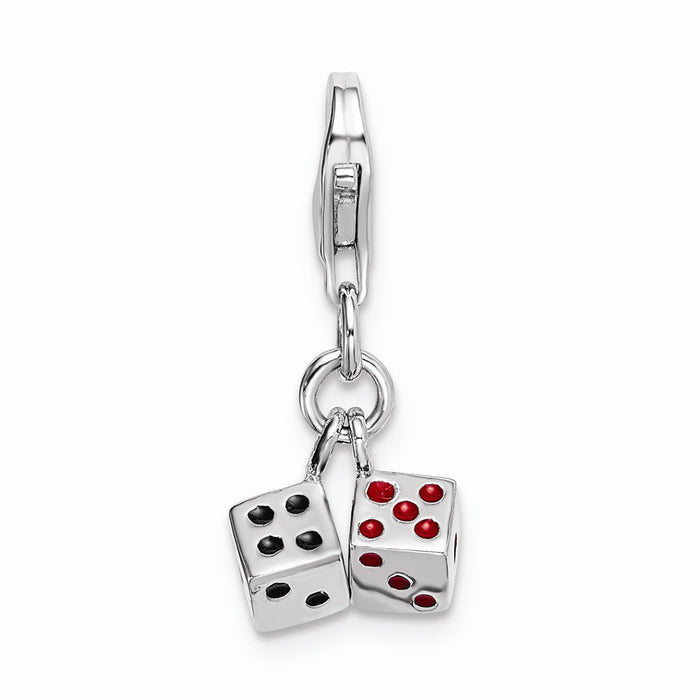 Million Charms 925 Sterling Silver Rhodium-Plated 3-D Enameled Pair Of Dice With Lobster Clasp Ch