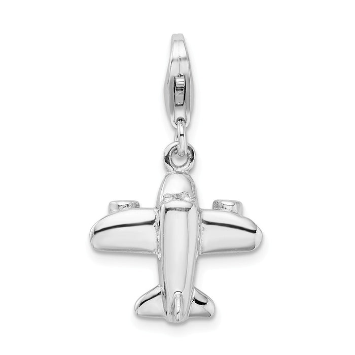 Million Charms 925 Sterling Silver Rhodium-Plated 3-D Airplane With Lobster Clasp Charm