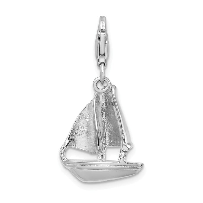 Million Charms 925 Sterling Silver Rhodium-Plated 3-D Nautical Sailboat With Lobster Clasp Charm