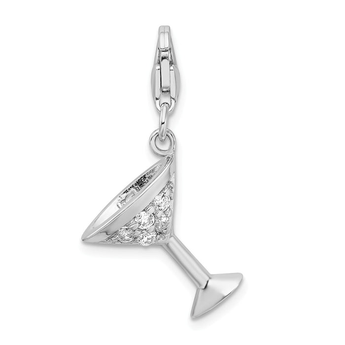 Million Charms 925 Sterling Silver (Cubic Zirconia) CZ Rhodium-plated Plated 3-D Martini Glass With Lobster Clasp Charm