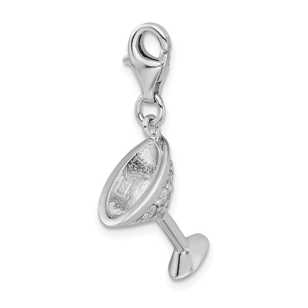 Million Charms 925 Sterling Silver (Cubic Zirconia) CZ Rhodium-plated Plated 3-D Martini Glass With Lobster Clasp Charm