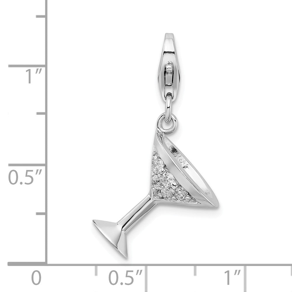 Million Charms 925 Sterling Silver (Cubic Zirconia) CZ Rhodium-plated Plated 3-D Martini Glass With Lobster Clasp Charm