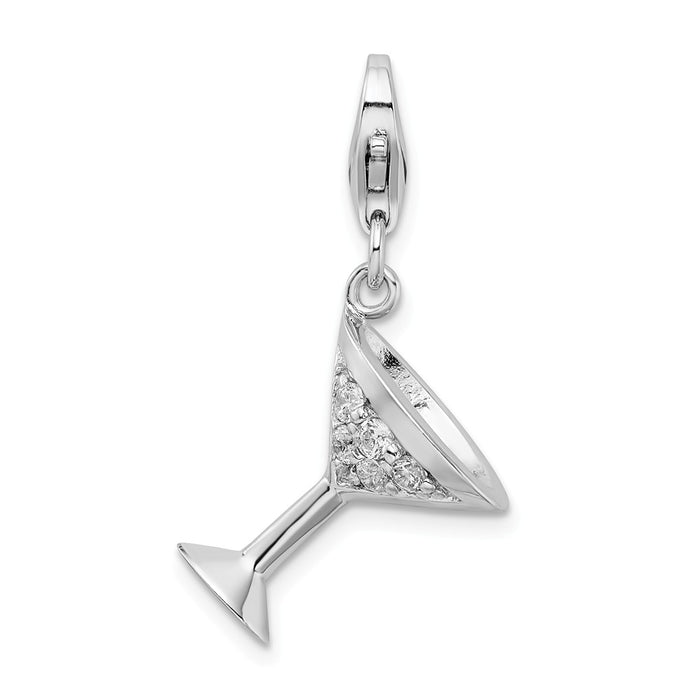 Million Charms 925 Sterling Silver (Cubic Zirconia) CZ Rhodium-plated Plated 3-D Martini Glass With Lobster Clasp Charm