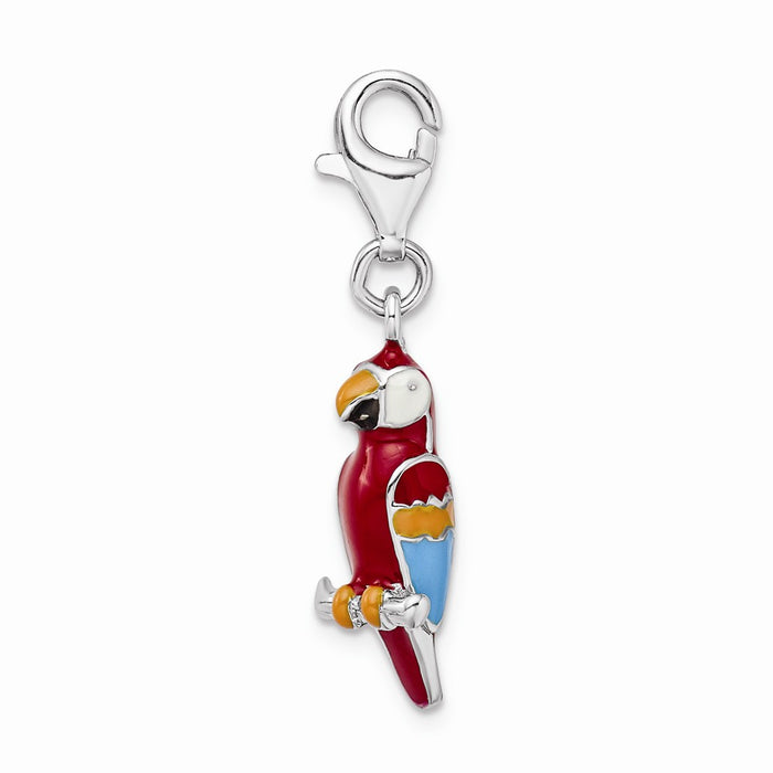 Million Charms 925 Sterling Silver Rhodium-Plated 3-D Enameled Parrot With Lobster Clasp Charm