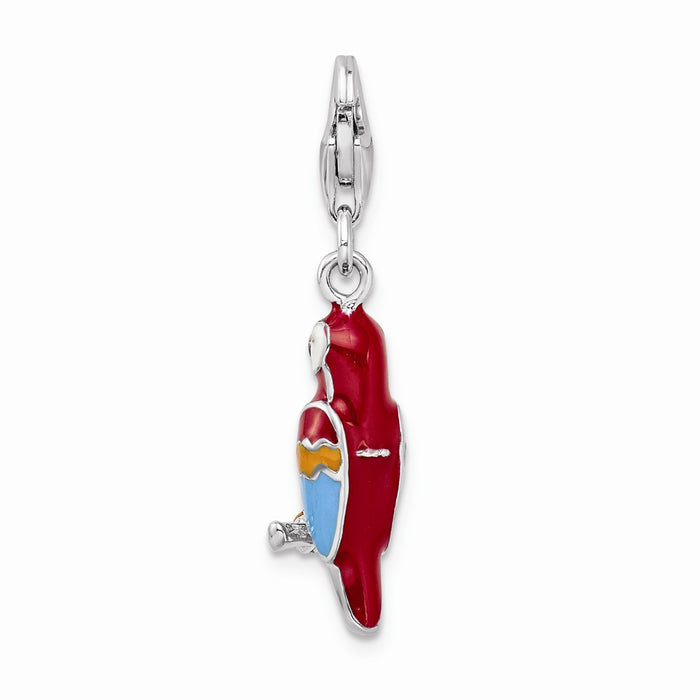 Million Charms 925 Sterling Silver Rhodium-Plated 3-D Enameled Parrot With Lobster Clasp Charm