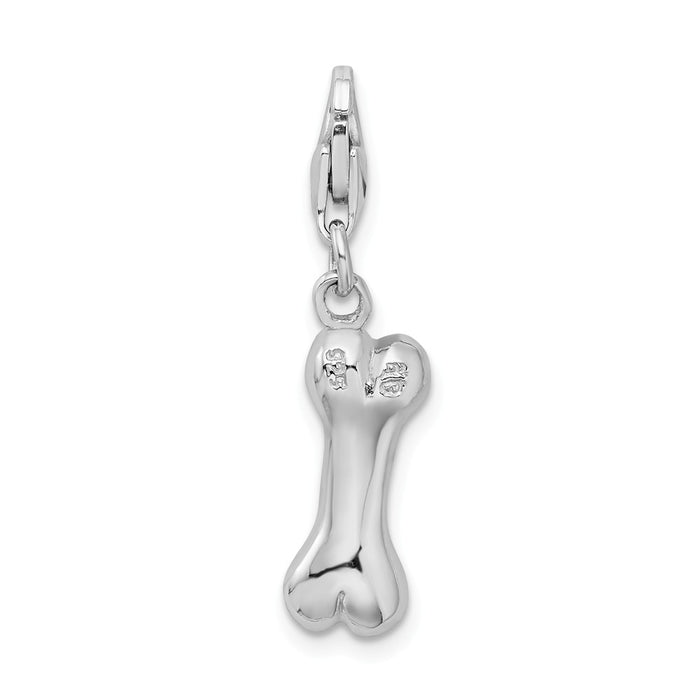 Million Charms 925 Sterling Silver (Cubic Zirconia) CZ Rhodium-Plated 3-D Bone With Lobster Clasp Charm