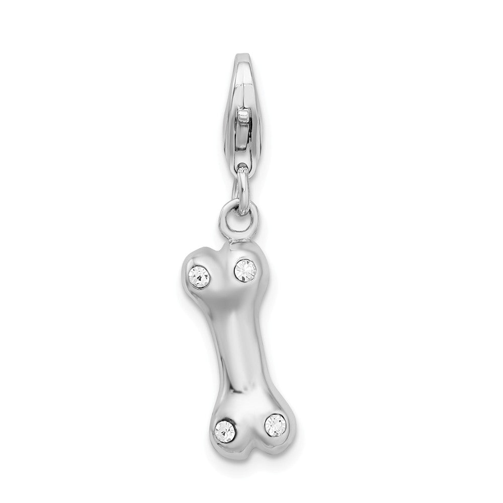 Million Charms 925 Sterling Silver (Cubic Zirconia) CZ Rhodium-Plated 3-D Bone With Lobster Clasp Charm