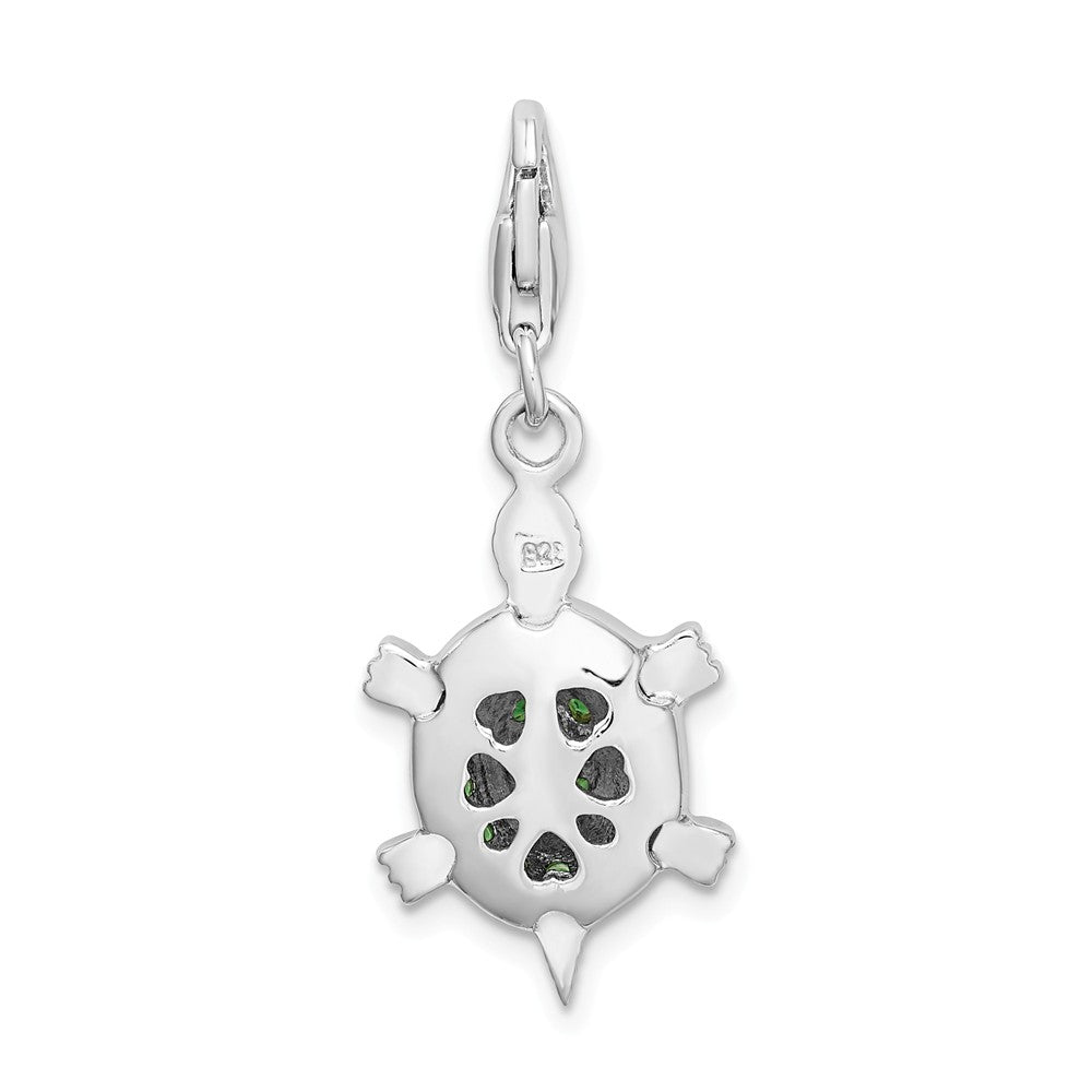 Million Charms 925 Sterling Silver Rhodium-plated Plated (Cubic Zirconia) CZ Green Turtle With Lobster Clasp Charm