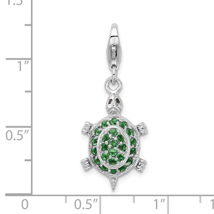 Million Charms 925 Sterling Silver Rhodium-plated Plated (Cubic Zirconia) CZ Green Turtle With Lobster Clasp Charm