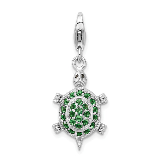 Million Charms 925 Sterling Silver Rhodium-plated Plated (Cubic Zirconia) CZ Green Turtle With Lobster Clasp Charm