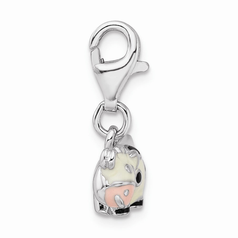 Million Charms 925 Sterling Silver Rhodium-Plated Enameled Cow With Lobster Clasp Charm