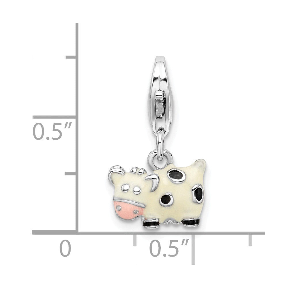 Million Charms 925 Sterling Silver Rhodium-Plated Enameled Cow With Lobster Clasp Charm