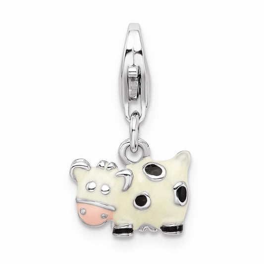 Million Charms 925 Sterling Silver Rhodium-Plated Enameled Cow With Lobster Clasp Charm