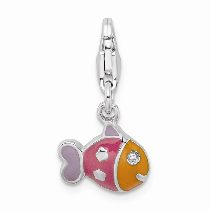 Million Charms 925 Sterling Silver Rhodium-Plated 3-D Enameled Fish With Lobster Clasp Charm