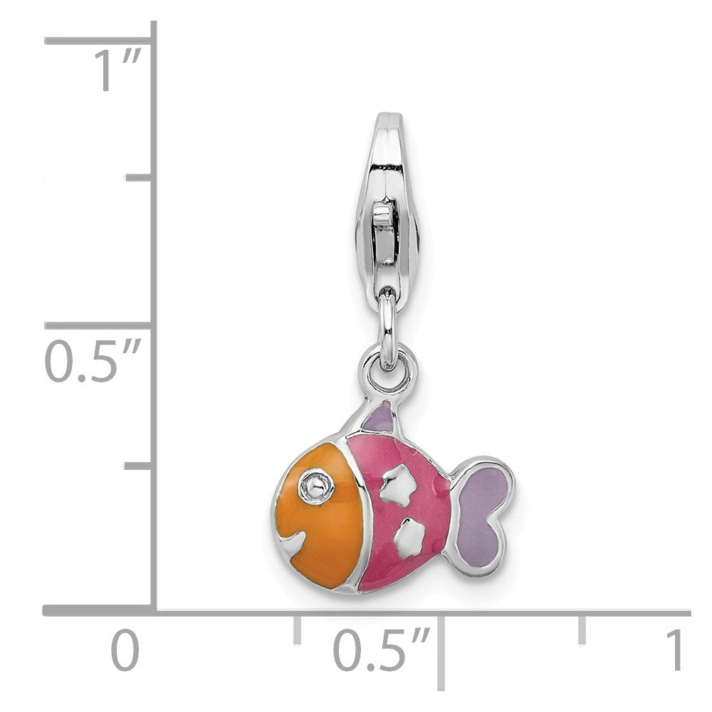 Million Charms 925 Sterling Silver Rhodium-Plated 3-D Enameled Fish With Lobster Clasp Charm