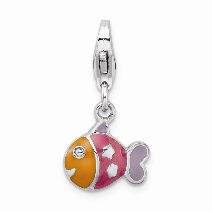 Million Charms 925 Sterling Silver Rhodium-Plated 3-D Enameled Fish With Lobster Clasp Charm