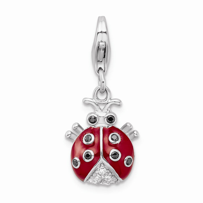Million Charms 925 Sterling Silver (Cubic Zirconia) CZ Rhodium-plated Plated 3-D Enameled Lady Bug With Lobster Clasp Cha
