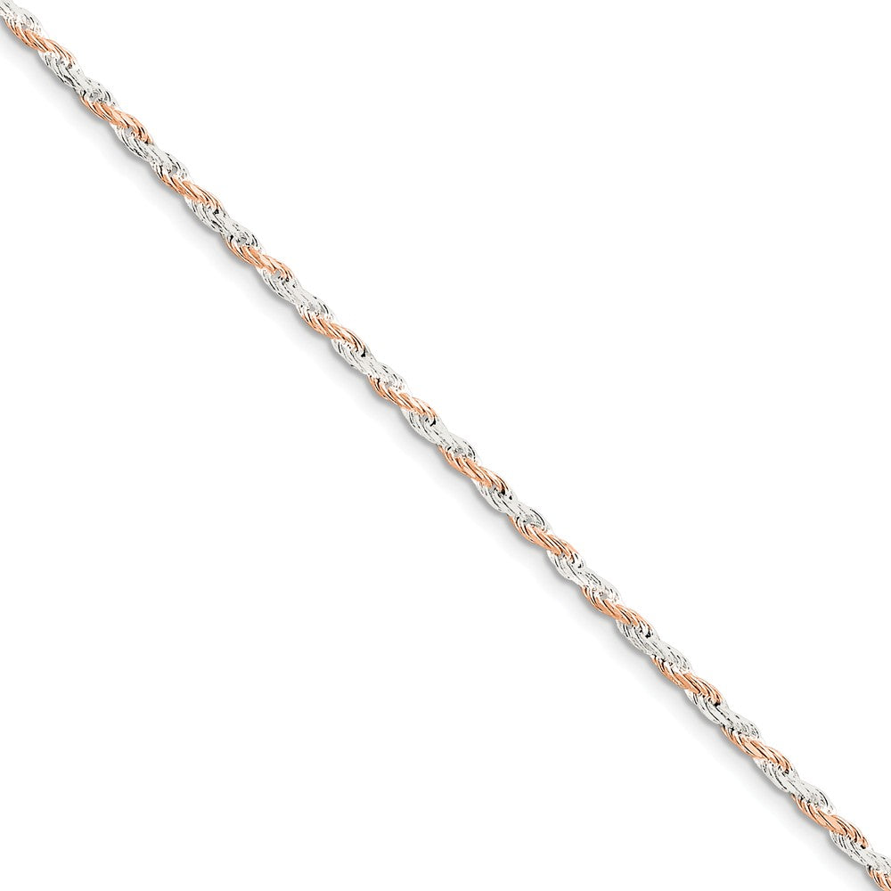 Million Charms 925 Sterling Silver 2.5mm Rose Vermeil Diamond-cut Rope Chain, Chain Length: 7 inches