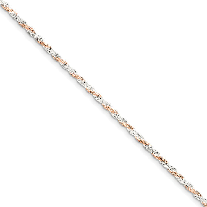 Million Charms 925 Sterling Silver 2.5mm Rose Vermeil Diamond-cut Rope Chain, Chain Length: 7 inches