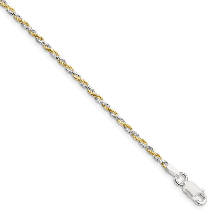 Million Charms 925 Sterling Silver & Vermeil 1.85mm Diamond-cut Rope Chain, Chain Length: 7 inches