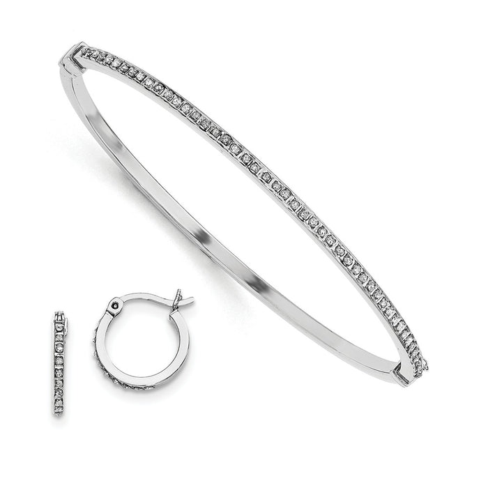 Stella Silver Jewelry Set - 925 Sterling Silver Diamond Mystique Round Hoop Earrings & Hinged Bangle Set