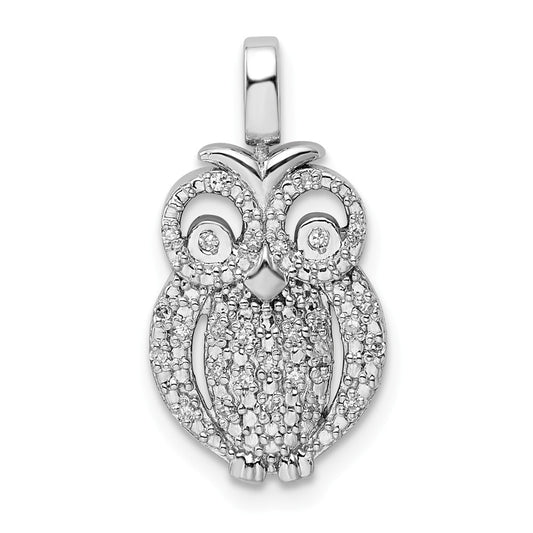 Million Charms 925 Sterling Silver Rhodium-plated 0.2Ct. Blk & Wht Dia. Reversible Owl Pendant