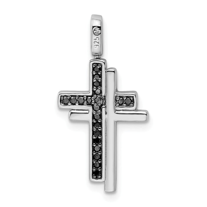 Million Charms 925 Sterling Silver Rhodium-plated 0.2Ct. Blk & Wht Dia.Reversible Relgious Cross Pendant