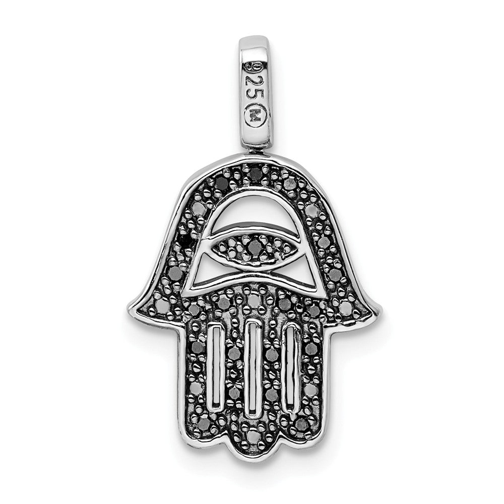 Million Charms 925 Sterling Silver Rhodium-plated 0.2Ct. Blk & Wht Dia. Reverible Hamsa Pendant