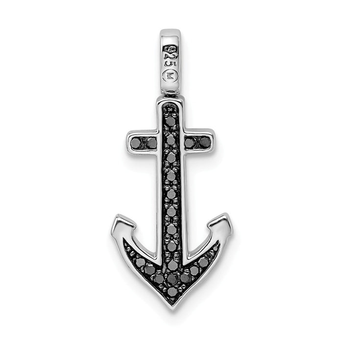 Million Charms 925 Sterling Silver Rhodium-plated 0.2Ct. Blk &Wht Dia. Reversible Nautical Anchor Pendant