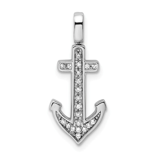 Million Charms 925 Sterling Silver Rhodium-plated 0.2Ct. Blk &Wht Dia. Reversible Nautical Anchor Pendant