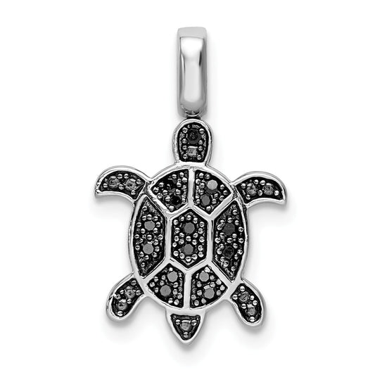 Million Charms 925 Sterling Silver Rhodium-plated 0.15Ct. Blk&Wht Dia. Reversible Turtle Pendant