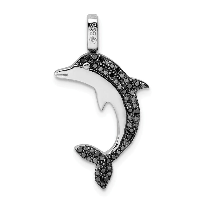 Million Charms 925 Sterling Silver Rhod 0.25Ct. Black & White Dia. Reversible Dolphin Pendant