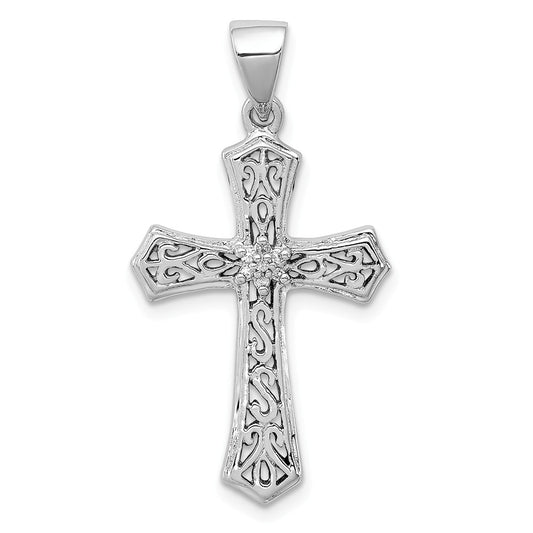 Million Charms 925 Sterling Silver Rhodium-plated Diamond Relgious Cross Pendant