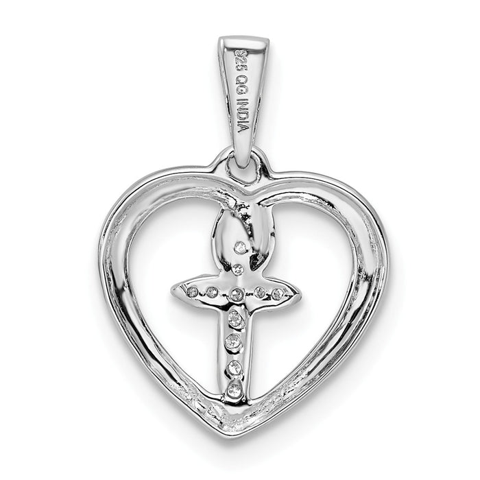 Million Charms 925 Sterling Silver Rhodium-Plated Diamond Relgious Cross In Heart Pendant