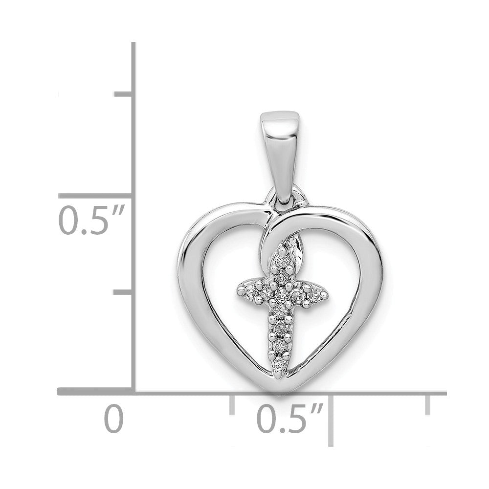 Million Charms 925 Sterling Silver Rhodium-Plated Diamond Relgious Cross In Heart Pendant