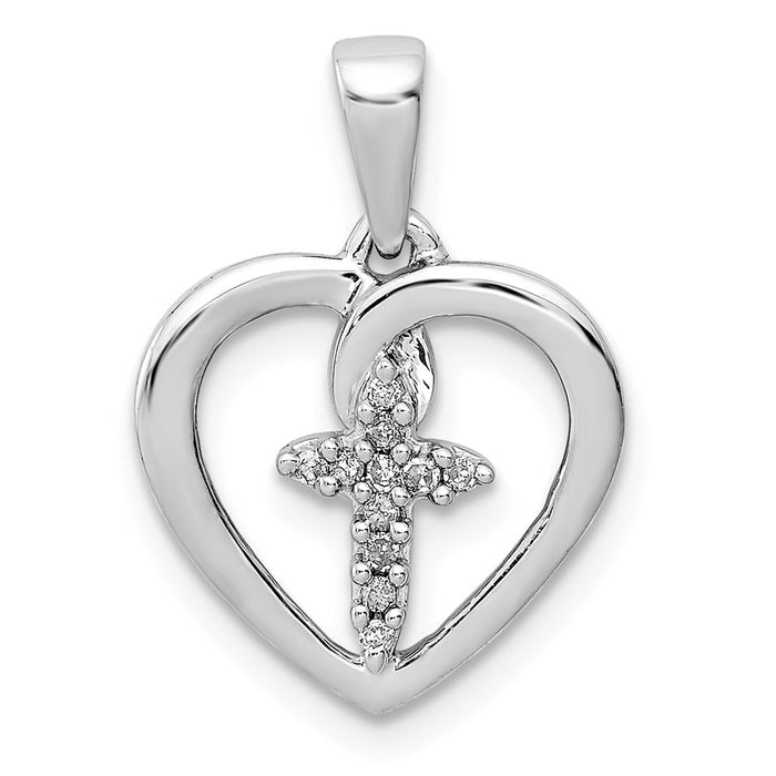 Million Charms 925 Sterling Silver Rhodium-Plated Diamond Relgious Cross In Heart Pendant