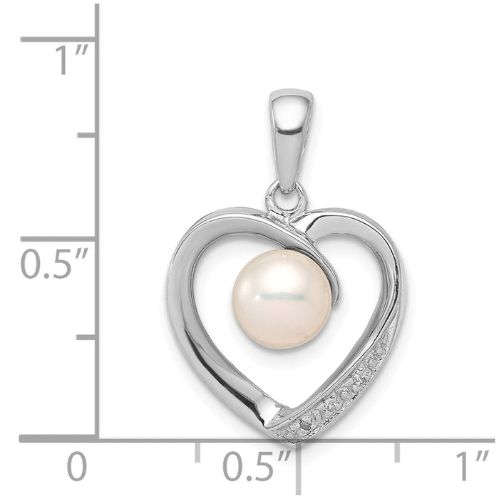 Million Charms 925 Sterling Silver Rhodium-plated 6Mm Fw Cultured Pearl & Diamond Heart Pendant