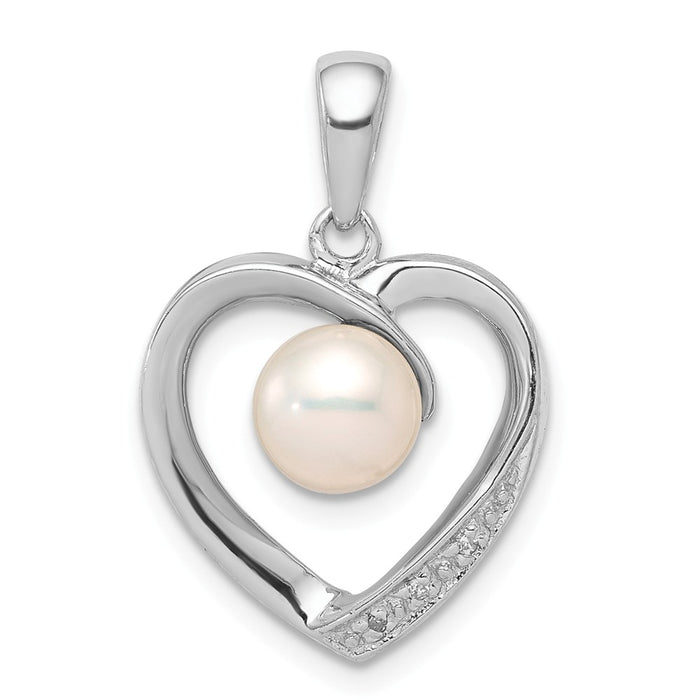 Million Charms 925 Sterling Silver Rhodium-plated 6Mm Fw Cultured Pearl & Diamond Heart Pendant