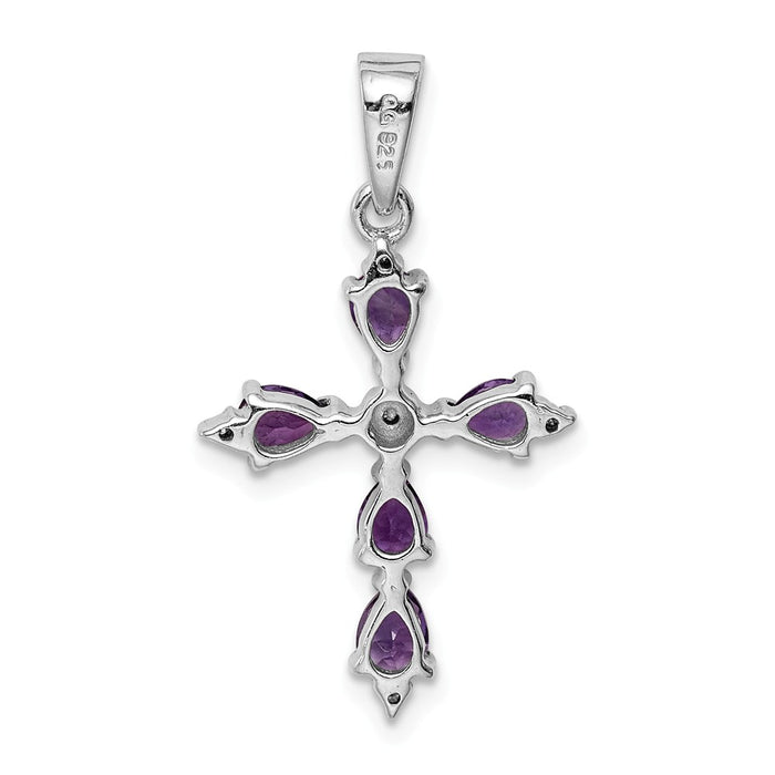 Million Charms 925 Sterling Silver Rhodium-plated Pear Amethyst Relgious Cross Pendant