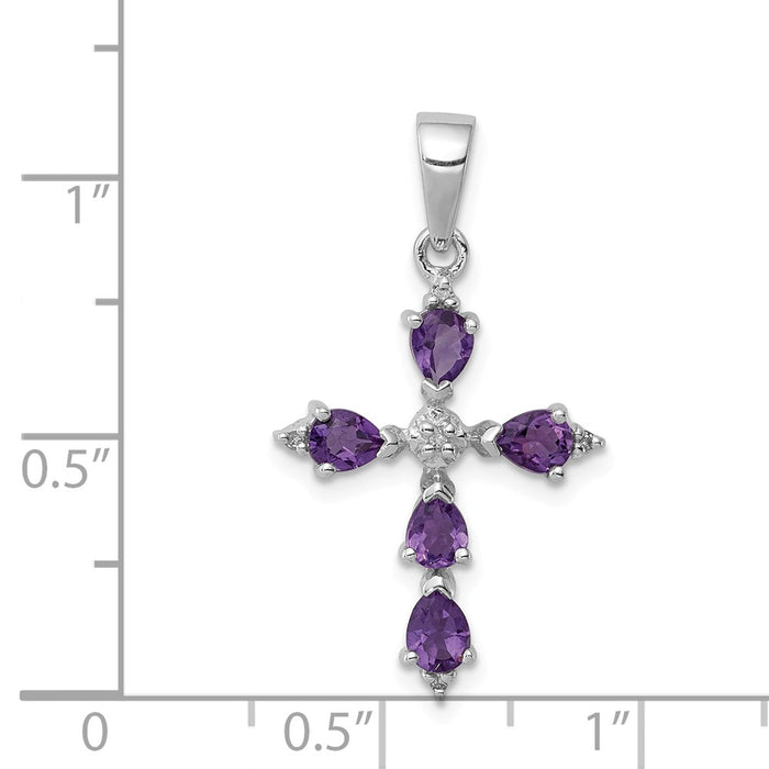 Million Charms 925 Sterling Silver Rhodium-plated Pear Amethyst Relgious Cross Pendant